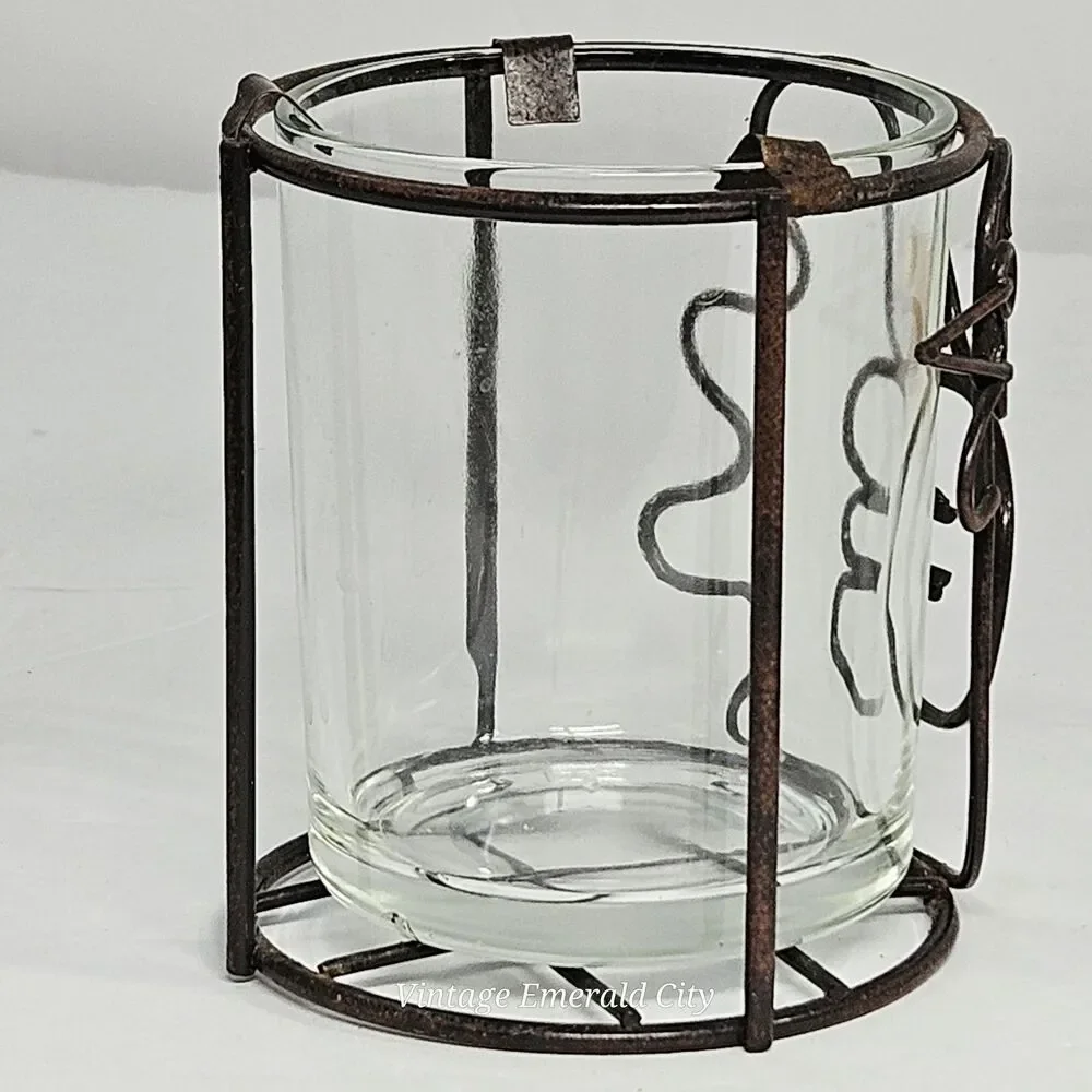 Vtg Chicken Bird Tea Light Votive Candle Holder Clear Glass Rustic Metal Holder